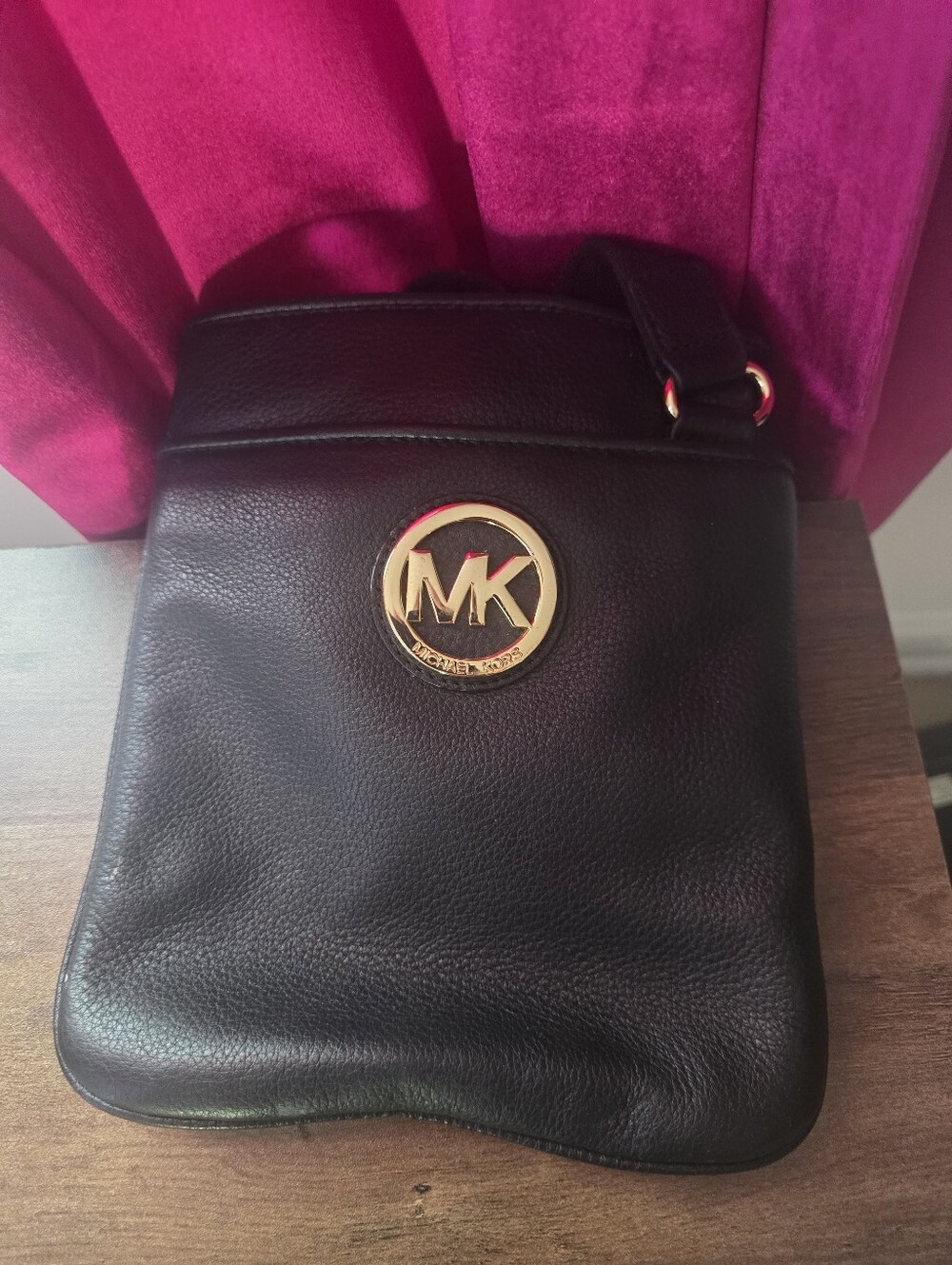 Michael Kors Black Leather Crossbody with Gold MK Medallion